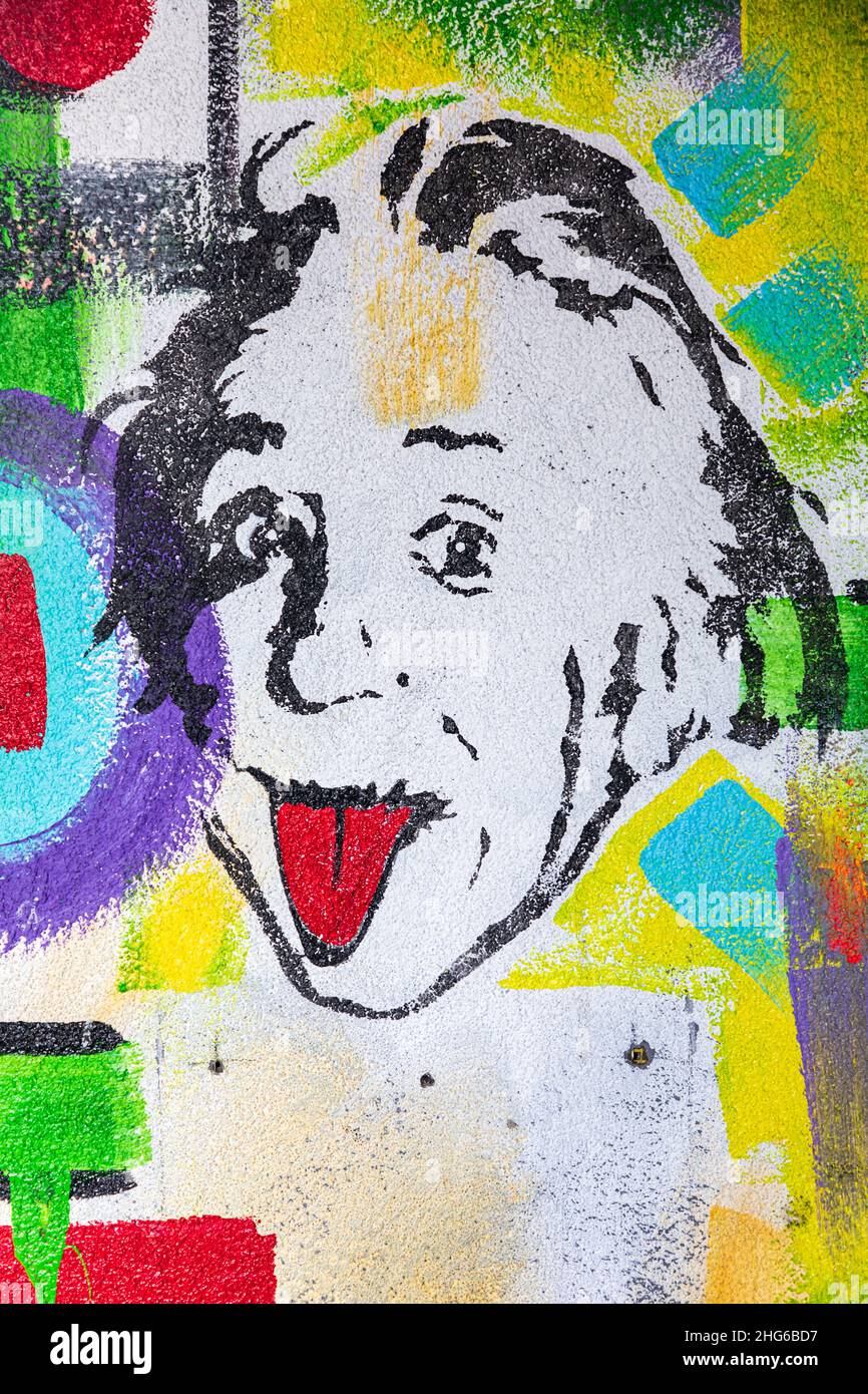 Jackson Heights, Queens, New York City, New York, USA. November 5, 2021. Mural of Albert Einstein sticking out his tongue. Stock Photo