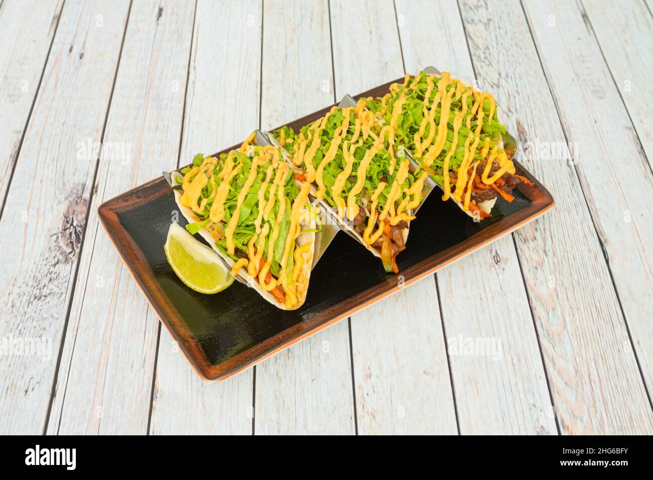 Korean tacos are a popular Korean-Mexican fusion dish in various urban areas of the United States and Canada Stock Photo