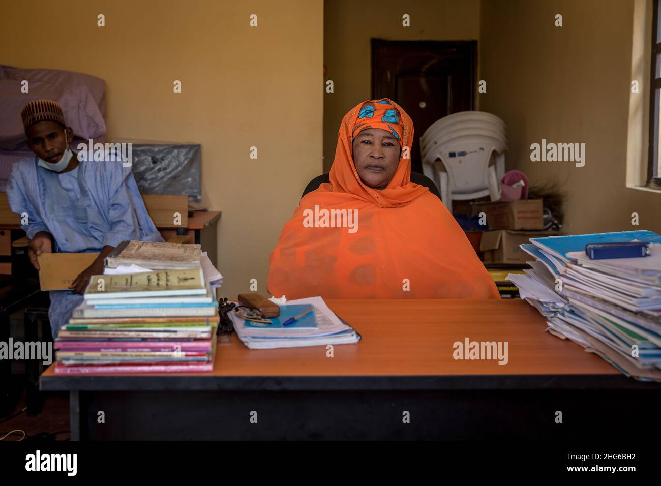 Hajja Aishatu Yuguda, the principal of 777 Junior secondary school is seen in an office.Northeast Nigeria has been experiencing an insurgency since 2009, which has led to 2.4 million people being displaced and roughly half of school students having to leave education. Stock Photo