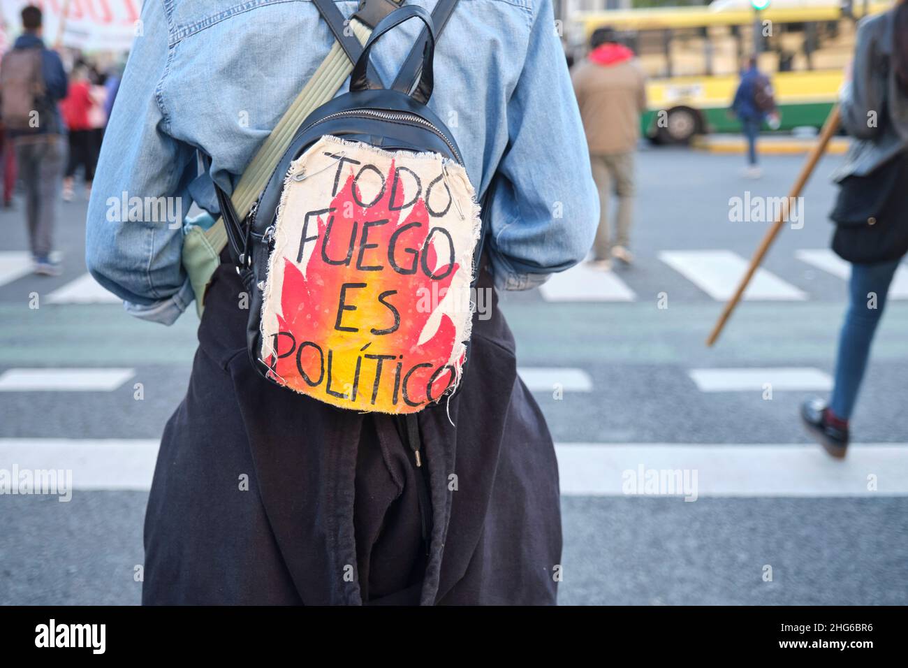 CABA, Buenos Aires, Argentina; Sept 24, 2021: Global Climate Strike. Unrecognizable woman with an environmentalist sign at the demonstration, all fire Stock Photo