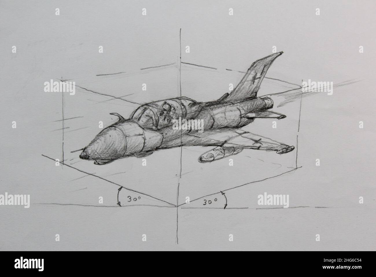 Drawing isometric of the rocket plane by free hand sketch. Stock Photo