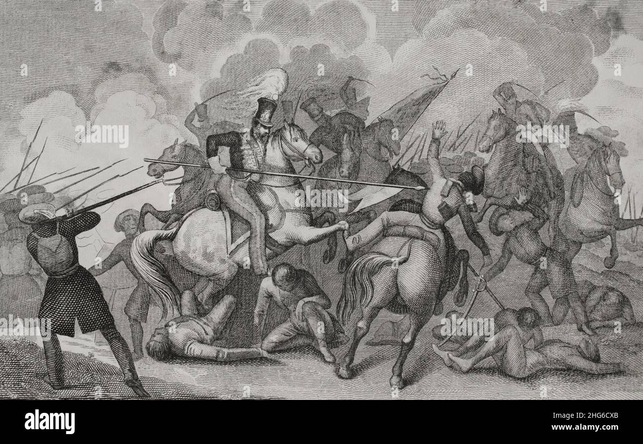 History of Spain. First Carlist War (1833-1840). Battle of Villarrobledo (20 September 1836). It took place in the area known as Vega de San Cristóbal, on the outskirts of the town. The Carlist troops of General Miguel Gómez were defeated by the Royalist army of Isidro Alaix, which had received cavalry reinforcements from Diego de León's Hussars. Illustration by Antonio Gómez. Engraving by José Gómez. Panorama Español, Crónica Contemporánea. Volume III. Madrid, 1845. Author: Antonio Gomez. 19th century-Spanish artist. José Gómez. 19th century-Spanish engraver. Stock Photo