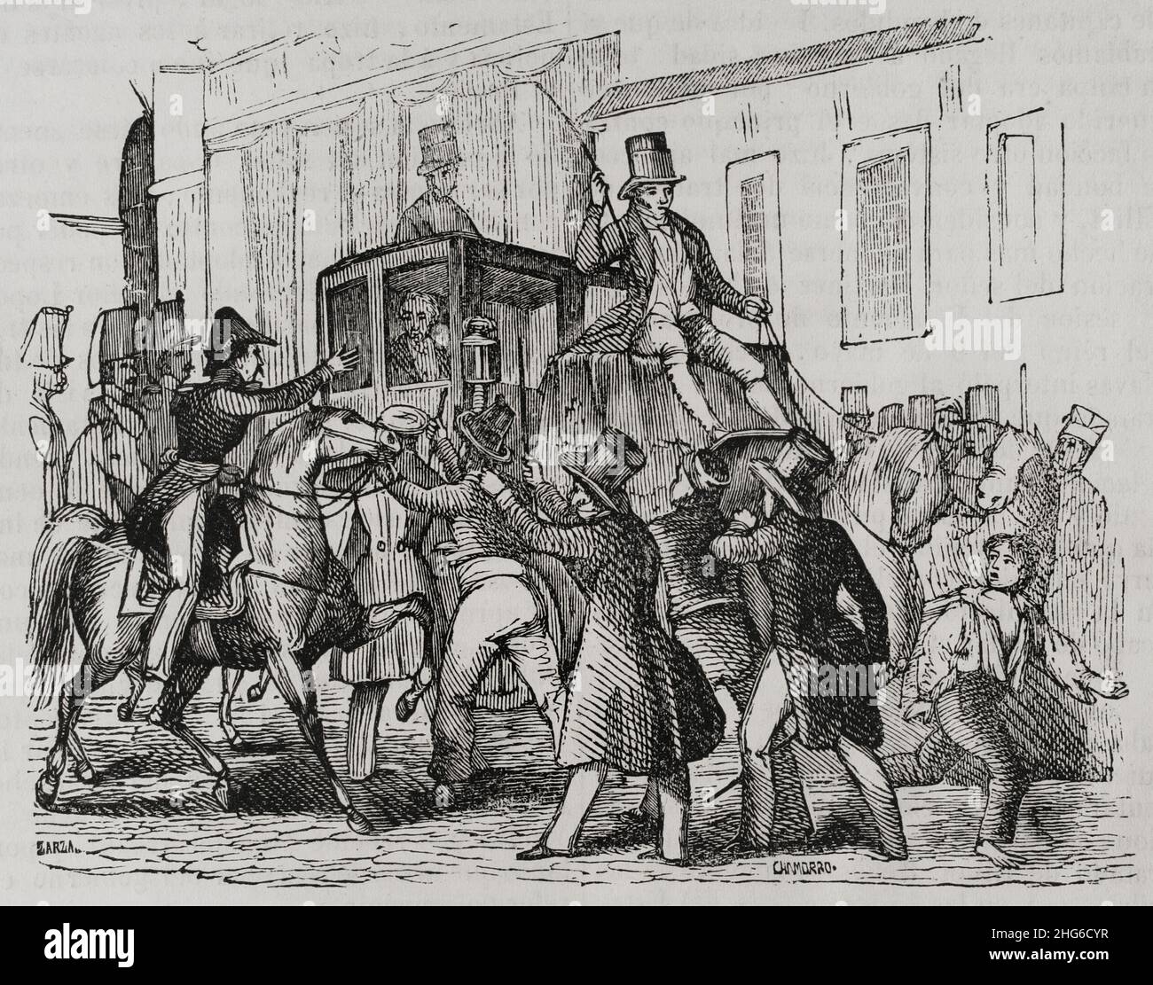 History of Spain. Government of Francisco Martínez de la Rosa (January 15, 1834 to June 7, 1835). At the end of the parliamentary session on May 10, 1835, where the government was accused by the treaty known as Eliot Treaty, a crowd broke into Martínez de la Rosa's carriage. Attack on Martínez de la Rosa. Illustration by Zarza. Engraving by Chamorro. Panorama Español, Crónica Contemporánea. Volume III. Madrid, 1845. Author: Eusebio Zarza (1842-1881). Spanish artist. Chamorro. 19th century-Spanish engraver. Stock Photo