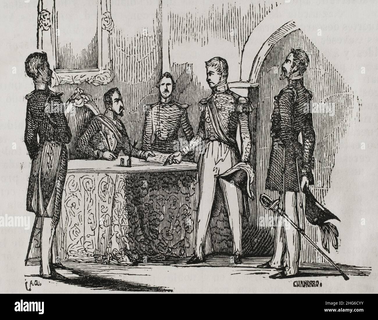 History of Spain. First Carlist War (1833-1840). The Eliot Treaty. The British diplomat Edward Granville Eliot travelled to the Basque provinces as a representative of the British government to reach an agreement between Carlists and Liberals that would allow the lives of prisoners of war to be respected. On 27th and 28th April 1835, the treaty was signed in Asarta and Logroño between Tomás Zamalacárregui (Carlist side), Gerónimo Valdés (Liberal side), Eliot and Lieutenant-Colonel Gurwood. Engraving by Chamorro. Panorama Español, Crónica Contemporánea. Volume III Madrid, 1845. Author: Chamorro Stock Photo