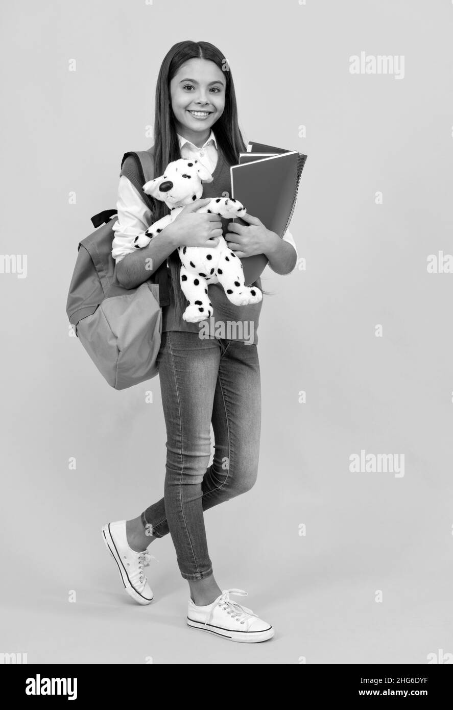 good mood. happy teen girl carry backpack. childhood happiness. back to school. Stock Photo
