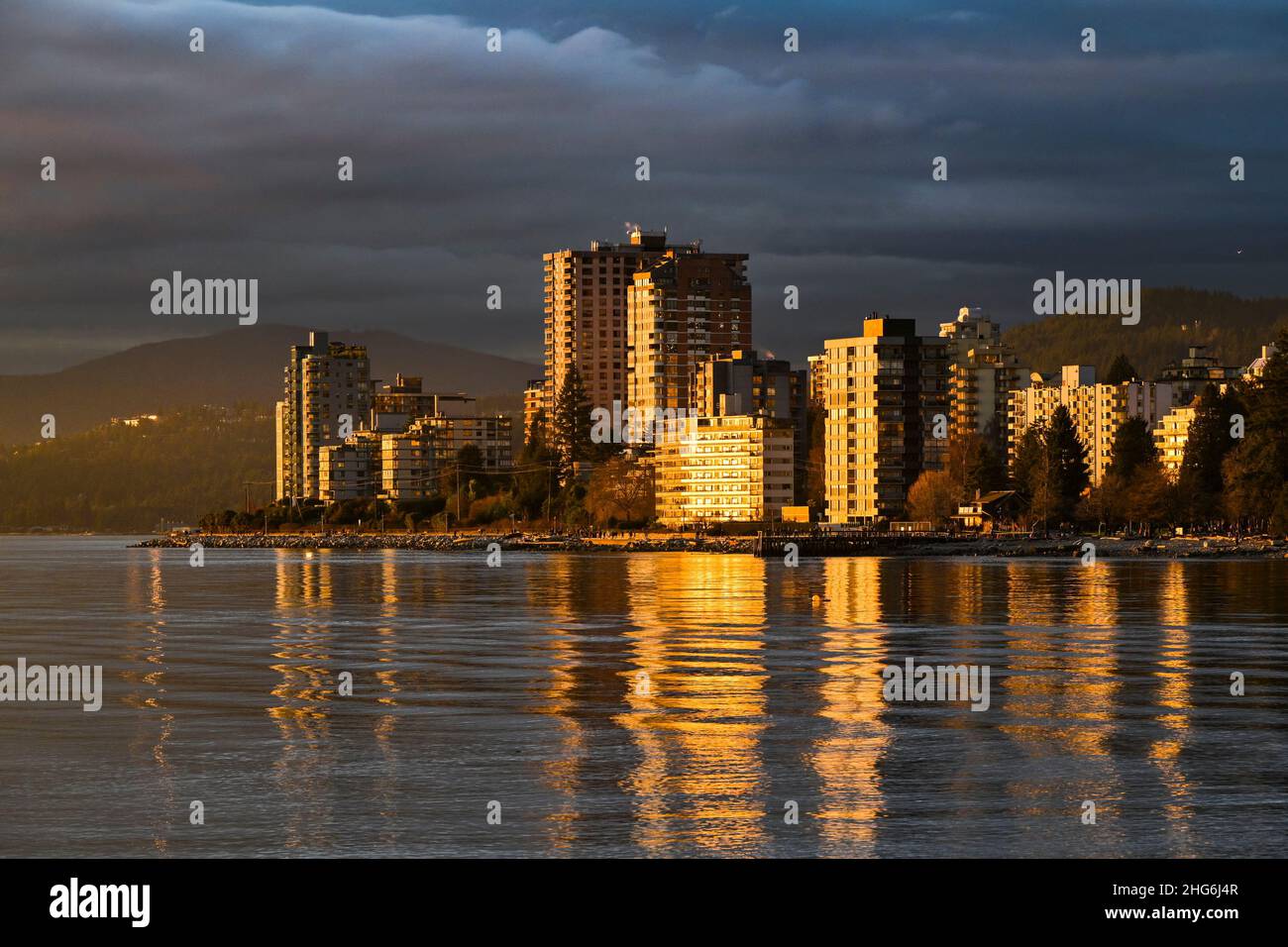 Sunset light on condominium towers, Ambleside, West Vancouver, British