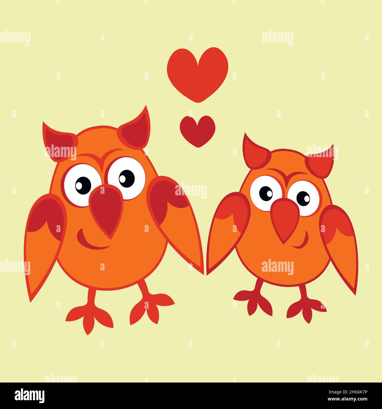 Illustration on a square background - two owls in love with hearts ...