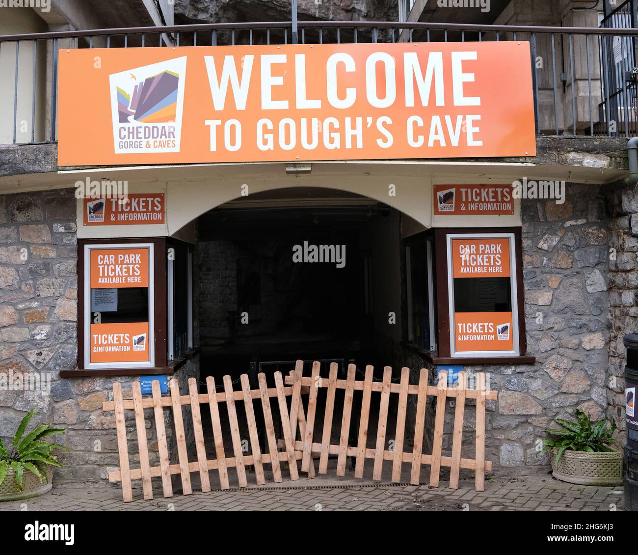 January 2022 - The Entrance to Gough's Cave in Cheddar, Somerset, England, UK. Due to reopen spring 2022 Stock Photo