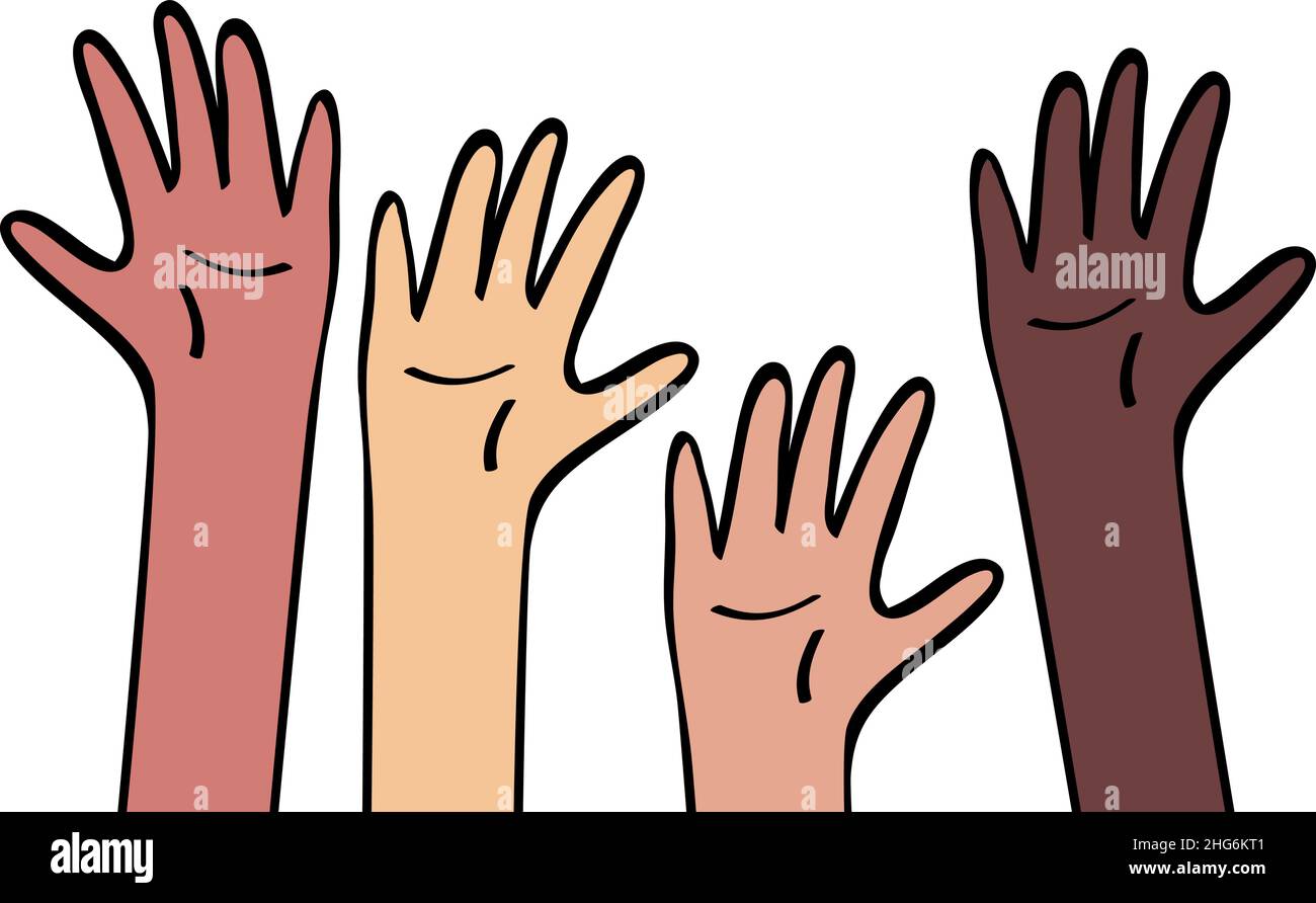 Raised hands different skin colour. Equality and diversity, race unity, international community concept. Illustration in flat catroon style, colored Stock Vector