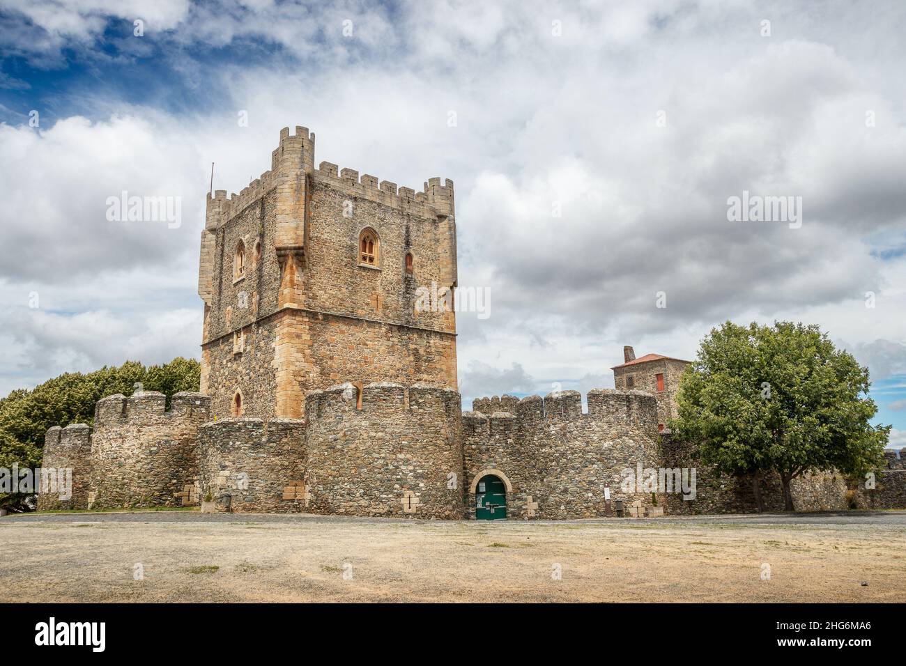 Bragança, Portugal - June 27, 2021: Keep and interior walls of the castle of Bragança in Portugal, with clouds in the background. Stock Photo