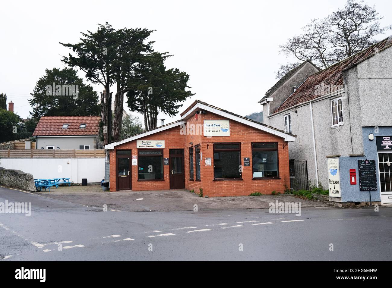 January 2022 - Fish and chip shop at the bae of the gorge in Cheddar, Somerset, England, UK. Stock Photo