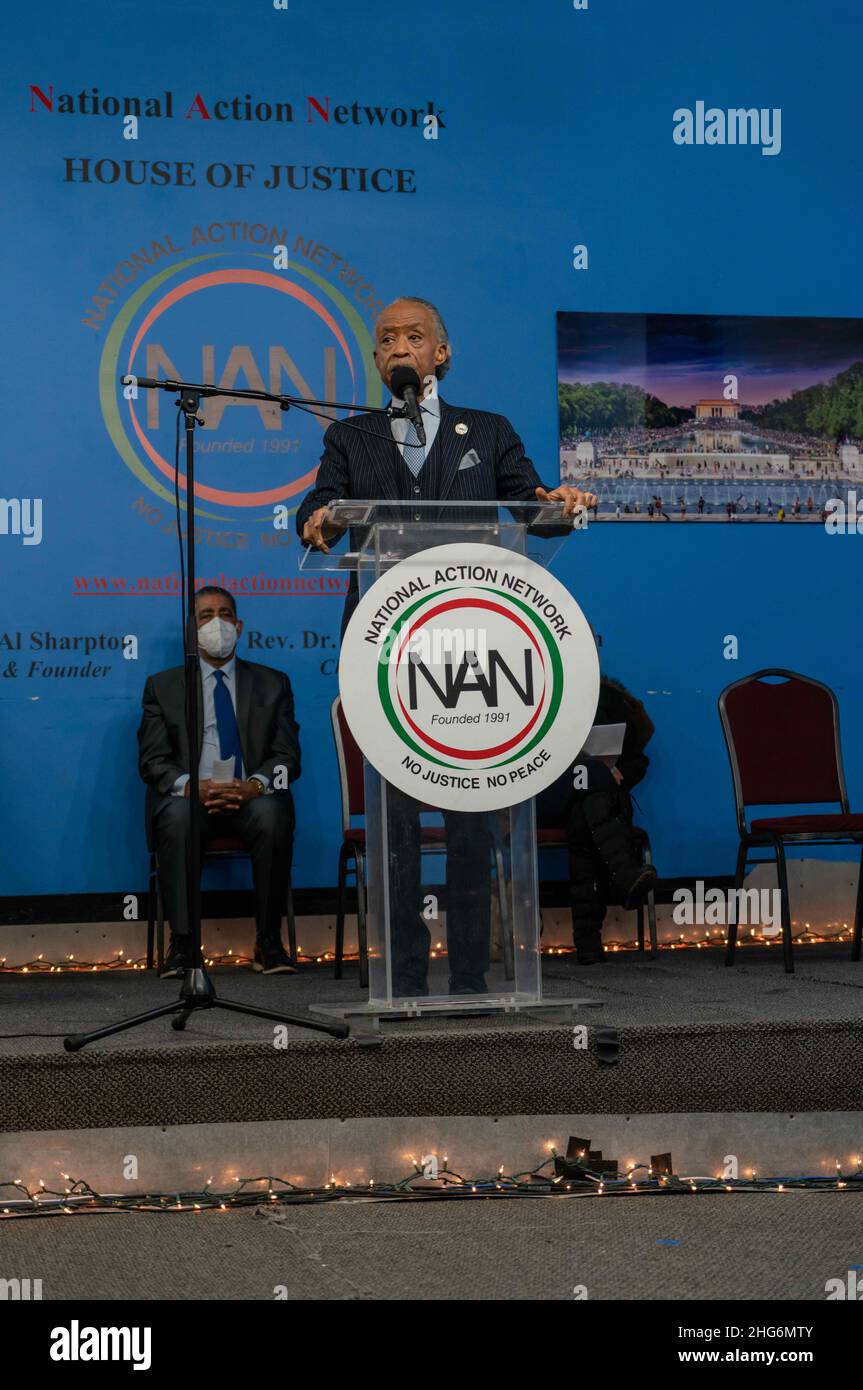 January 17, 2022, New York City, New York, United States: Rev. Al Sharpton, found and president of the National Action Network celebrated the birthday of Martin Luther King at the House of Justice in Harlem along with local elected officials. (Credit Image: © Steve Sanchez/Pacific Press via ZUMA Press Wire) Stock Photo