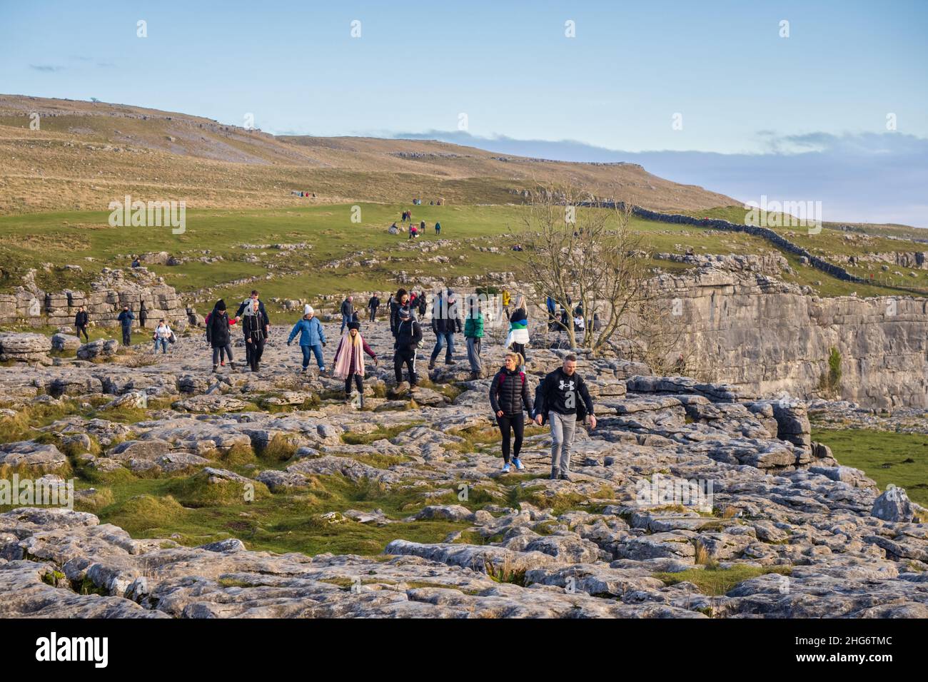 15.01.2021 Malam, North Yorkshire, Uk. People walking on Malham Cove a ...