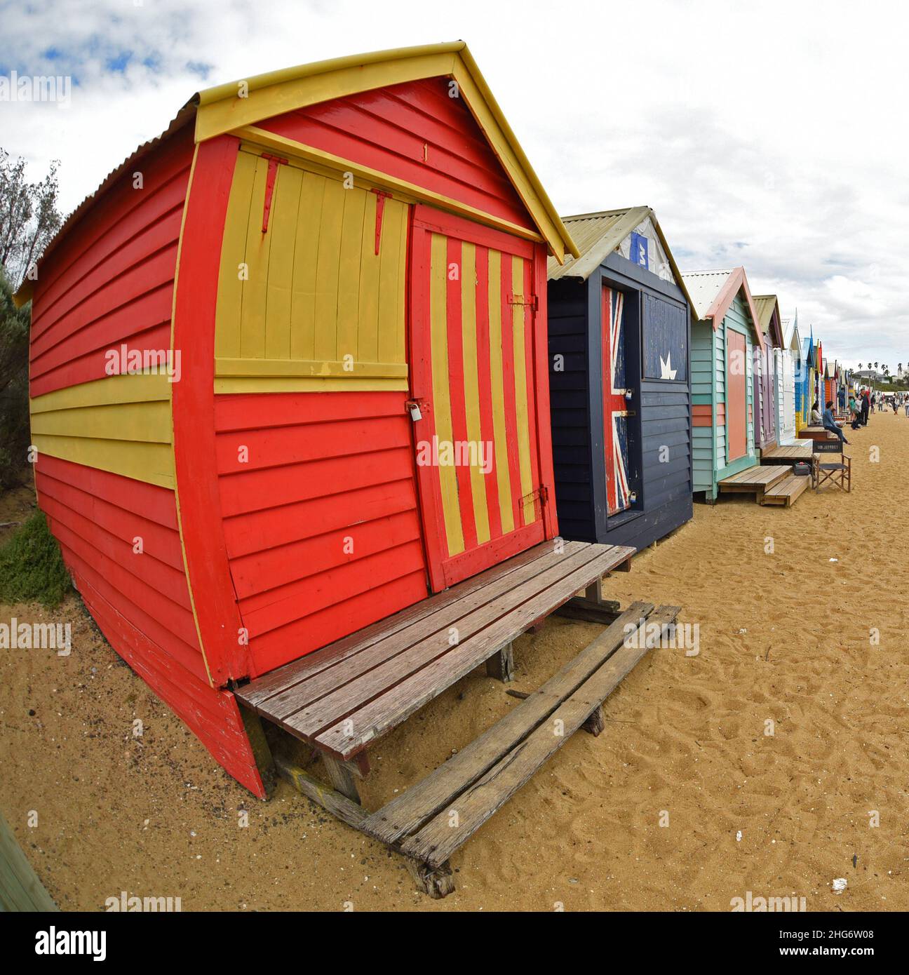 Brighton Beach Huts, Brighton Beach near Melbourne, Victoria, Australia using a fish eye lens