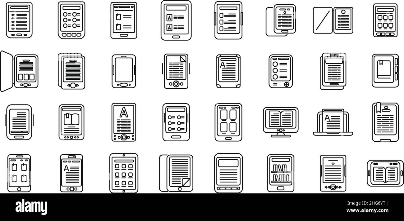 E-book application icons set outline vector. Book reader. Digital ...