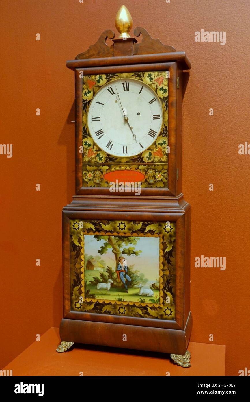Shelf clock, by Levi Hutchins, c. 1830, mahogany and reversepainted