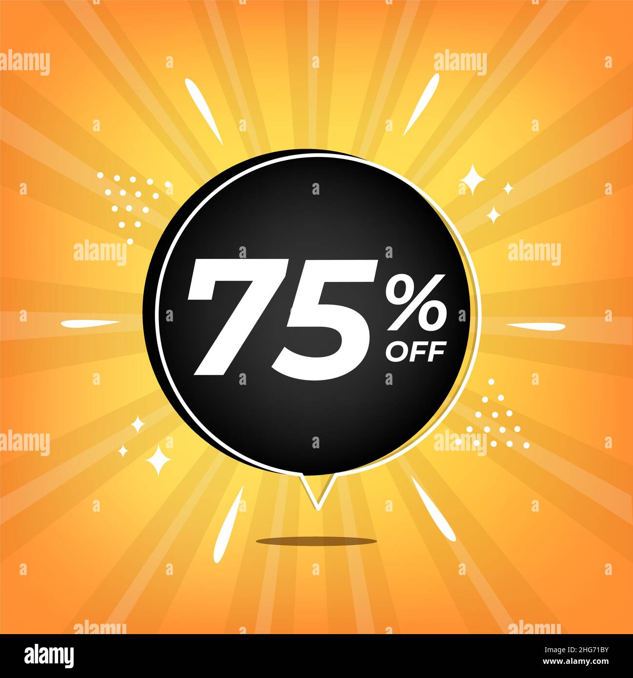 75% off. Yellow banner with seventy-five percent discount on a black balloon for mega big sales. Stock Vector