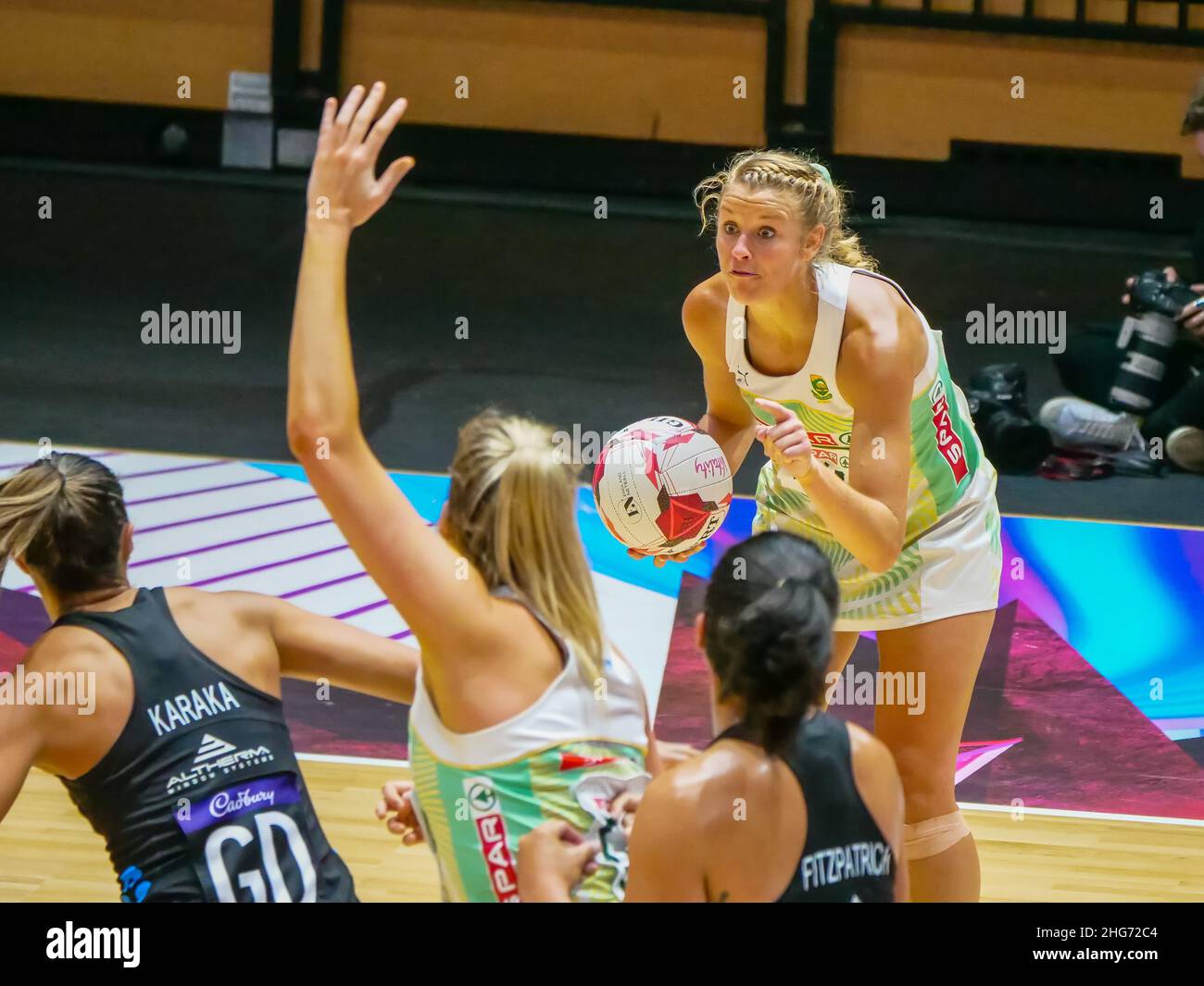 London, UK. 18th Jan, 2022. Copper Box Arena, London, 18th January 2022 Izette Griesel (WA - South Africa Proteas) organises her team in the match between Proteas (South Africa) and Silver Ferns (New Zealand) in the Quad Series at the Copper Box Arena, London on 18th January 2022 Claire Jeffrey/SPP Credit: SPP Sport Press Photo. /Alamy Live News Stock Photo
