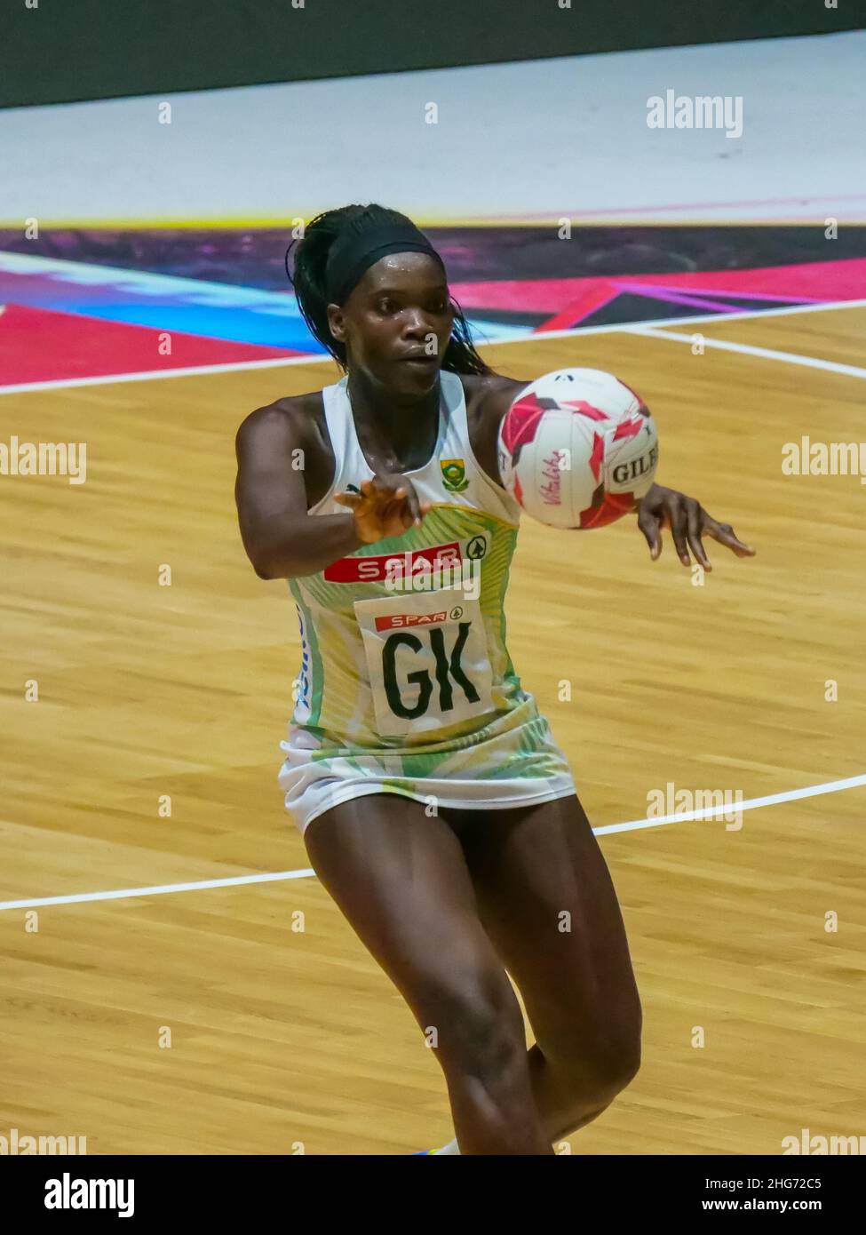 London, UK. 18th Jan, 2022. Copper Box Arena, London, 18th January 2022 Phumza Maweni (GK - South Africa Proteas) passes the ball in the match between Proteas (South Africa) and Silver Ferns (New Zealand) in the Quad Series at the Copper Box Arena, London on 18th January 2022 Claire Jeffrey/SPP Credit: SPP Sport Press Photo. /Alamy Live News Stock Photo