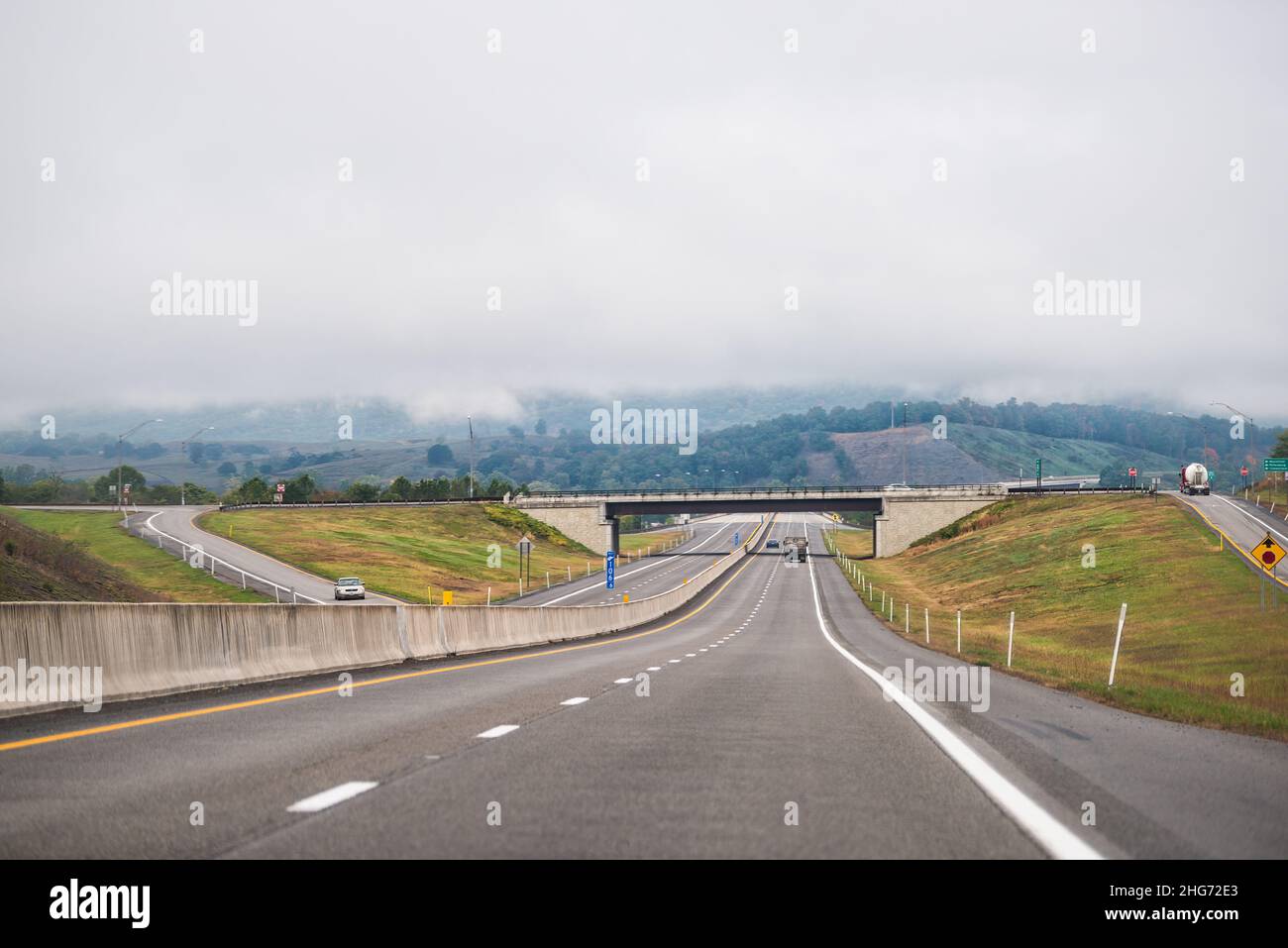 Moorefield, West Virginia Allegheny mountains driving car point of view on road to Dolly Sods with cars in traffic on highway and overcast cloudy mist Stock Photo