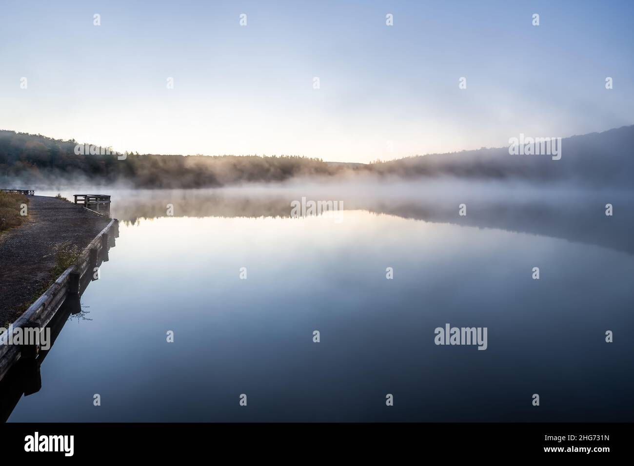 Spruce Knob Lake in Appalachian mountains West Virginia fog mist