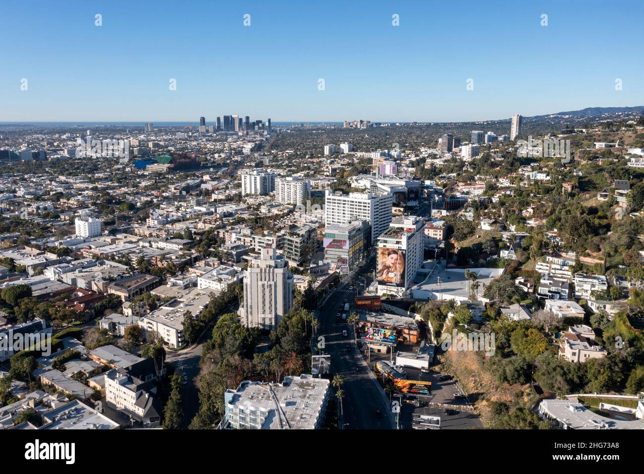 Aerial view of West Hollywood, the Sunset Strip and Los Angeles from the air on a clear day Stock Photo