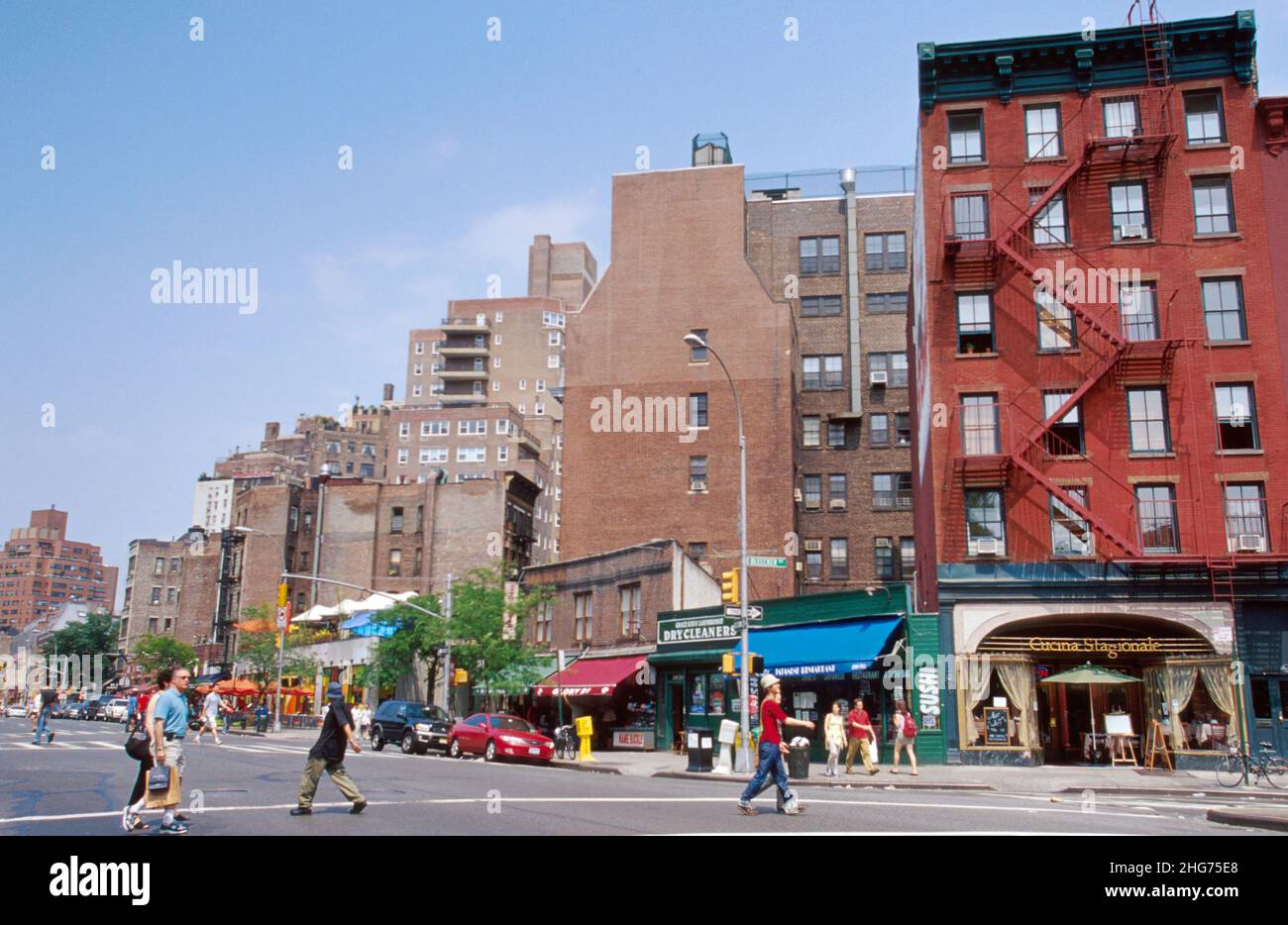 NY NYC,New York City,Manhattan West Side,Greenwich Village Bleeker Street South 7th Avenue intersection,building buildings city skyline,pedestrian ped Stock Photo