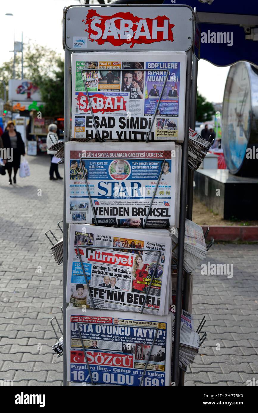 Turkish newspapers displayed at a paper stand in Üsküdar, Istanbul ...