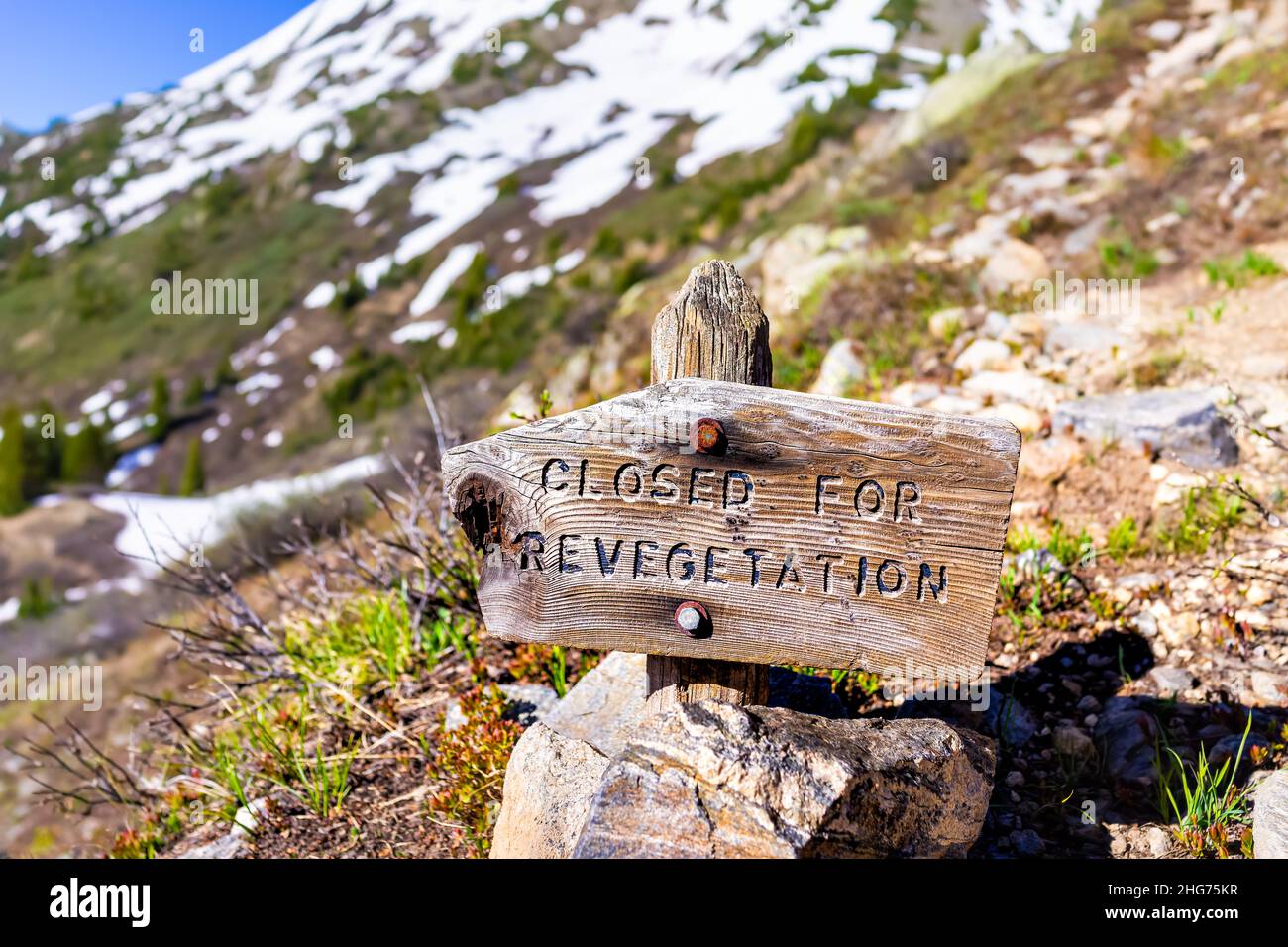 Sign for trail closure closed for revegetation at Linkins Lake trail on Independence Pass in rocky mountains in early summer in Aspen, Colorado Stock Photo