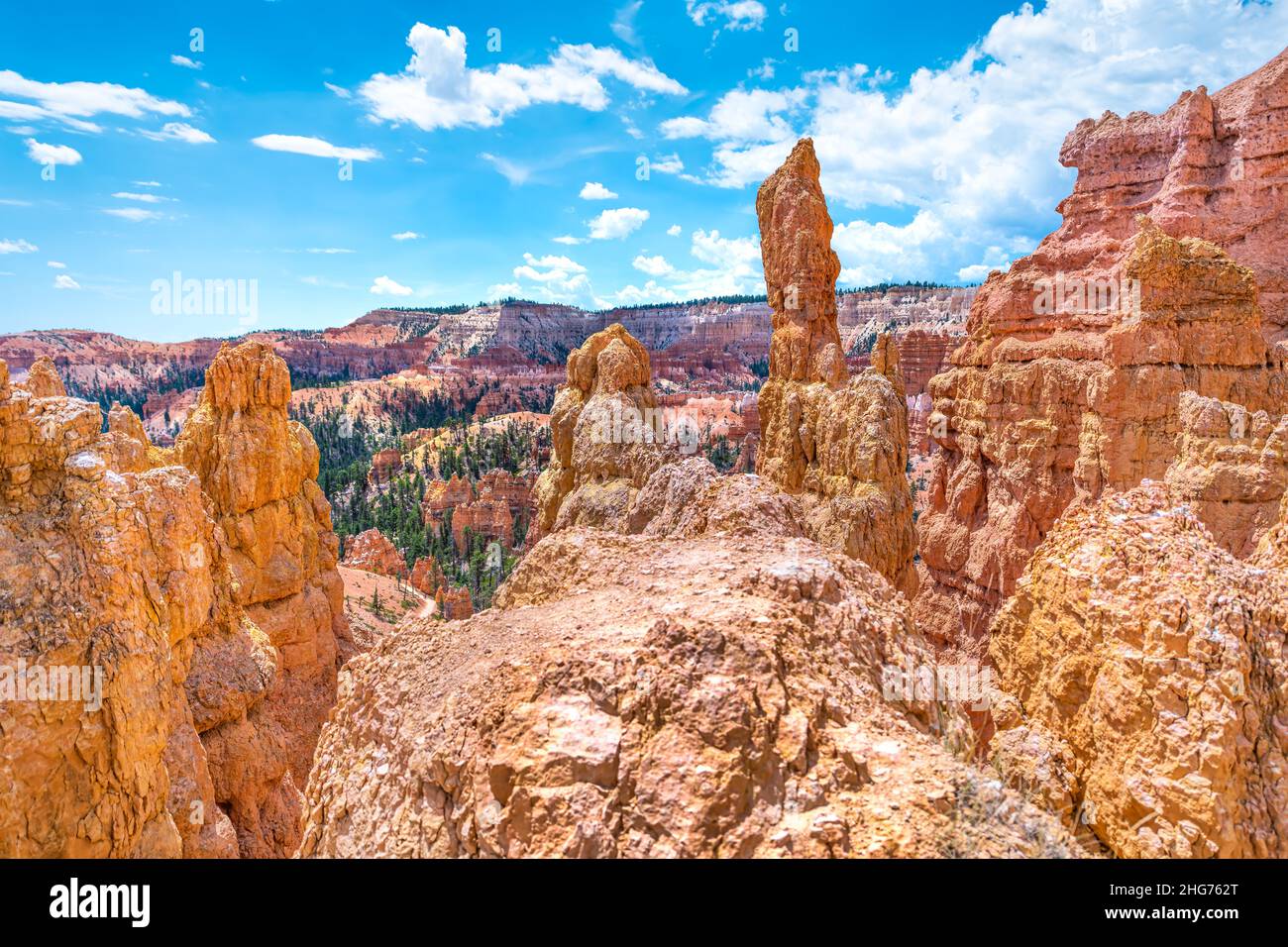 High angle above view of hoodoos orange rock formations spires at Bryce Canyon National Park in Utah Queens Garden Navajo Loop trail hiking Stock Photo