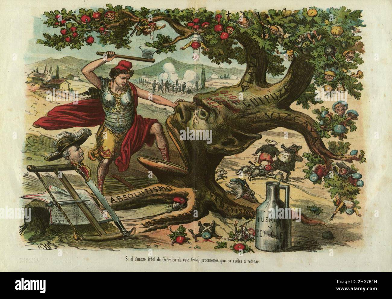 Si el famoso árbol de Guernica da este fruto, procuremos que no vuelva á retoñar, La Madeja Política, 2 de mayo de 1874. Stock Photo