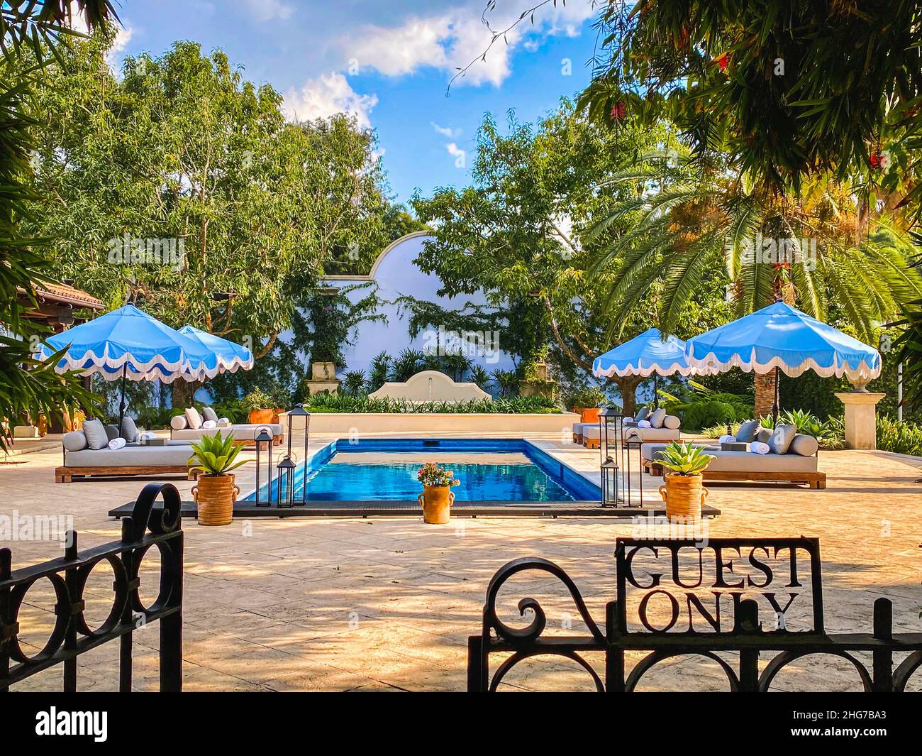 The pool at Villa Bokeh, a luxury hotel in Antigua Guatemala Stock Photo