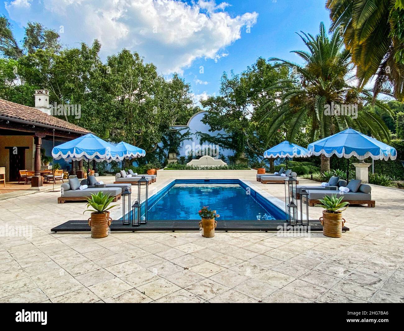 The pool at Villa Bokeh, a luxury hotel in Antigua Guatemala Stock Photo