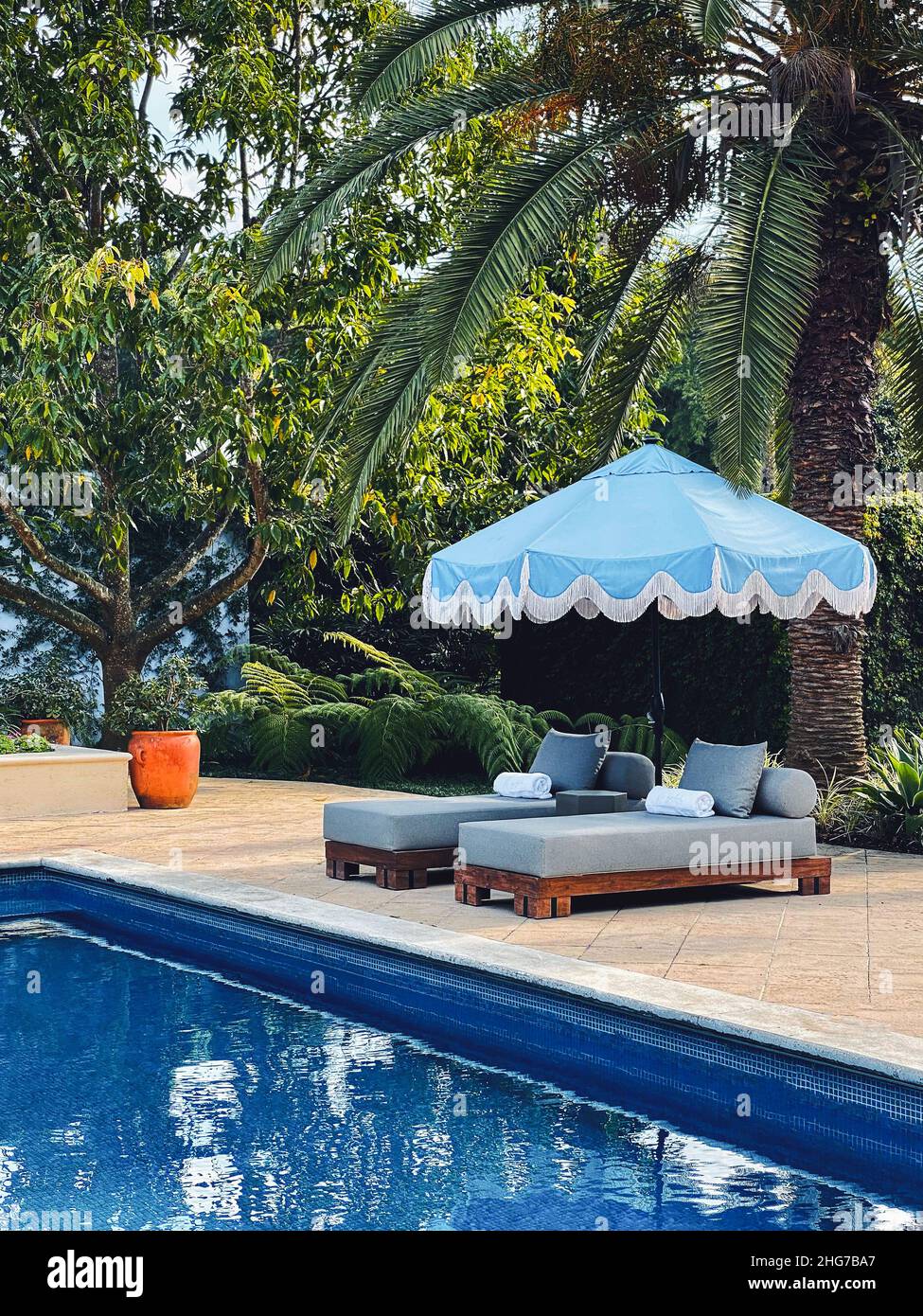 The pool at Villa Bokeh, a luxury hotel in Antigua Guatemala Stock Photo