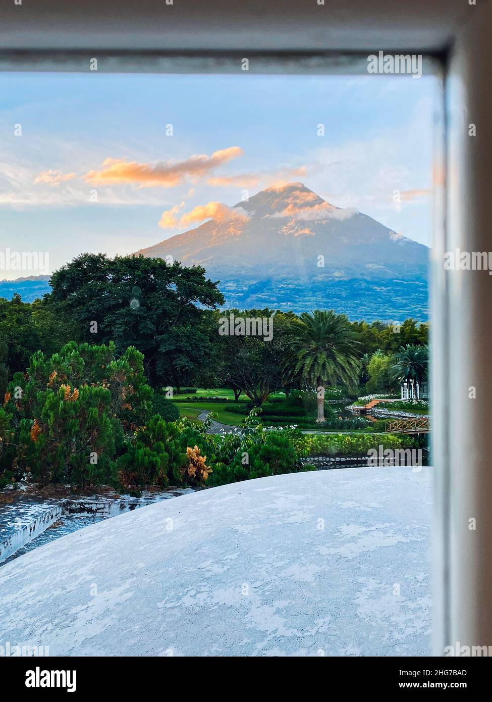 View of Agua Volcano from Villa Bokeh, a luxury hotel in Antigua Guatemala Stock Photo