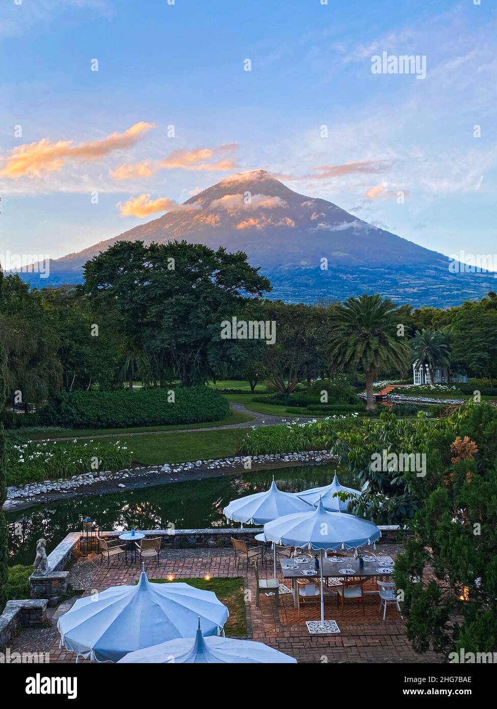 View of Agua Volcano from Villa Bokeh, a luxury hotel in Antigua Guatemala Stock Photo