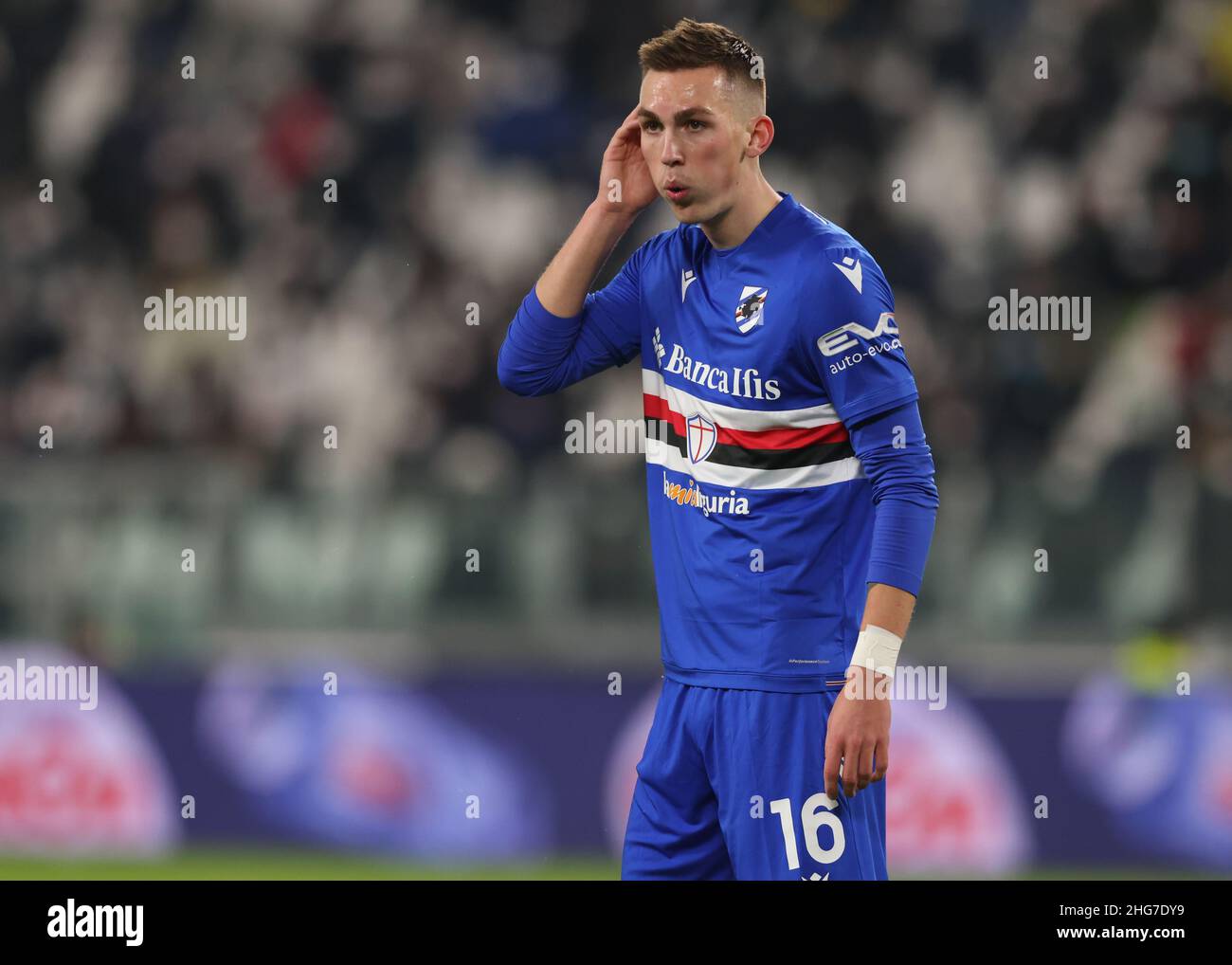 Turin, Italy, 18th January 2022. Kristoffer Askildsen of UC Sampdoria reacts during the Coppa Italia match at Allianz Stadium, Turin. Picture credit should read: Jonathan Moscrop / Sportimage Stock Photo