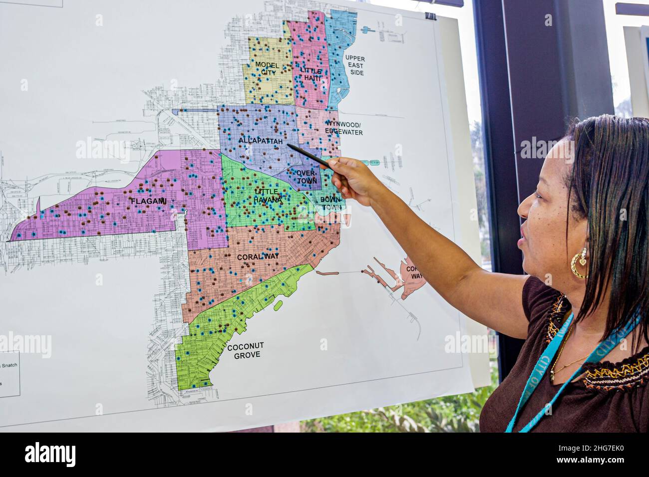 Miami Florida,Riverside Center,centre,GIS Day,Geographic Information Systems,exhibit exhibition collection maps,Black woman female women,crime statist Stock Photo
