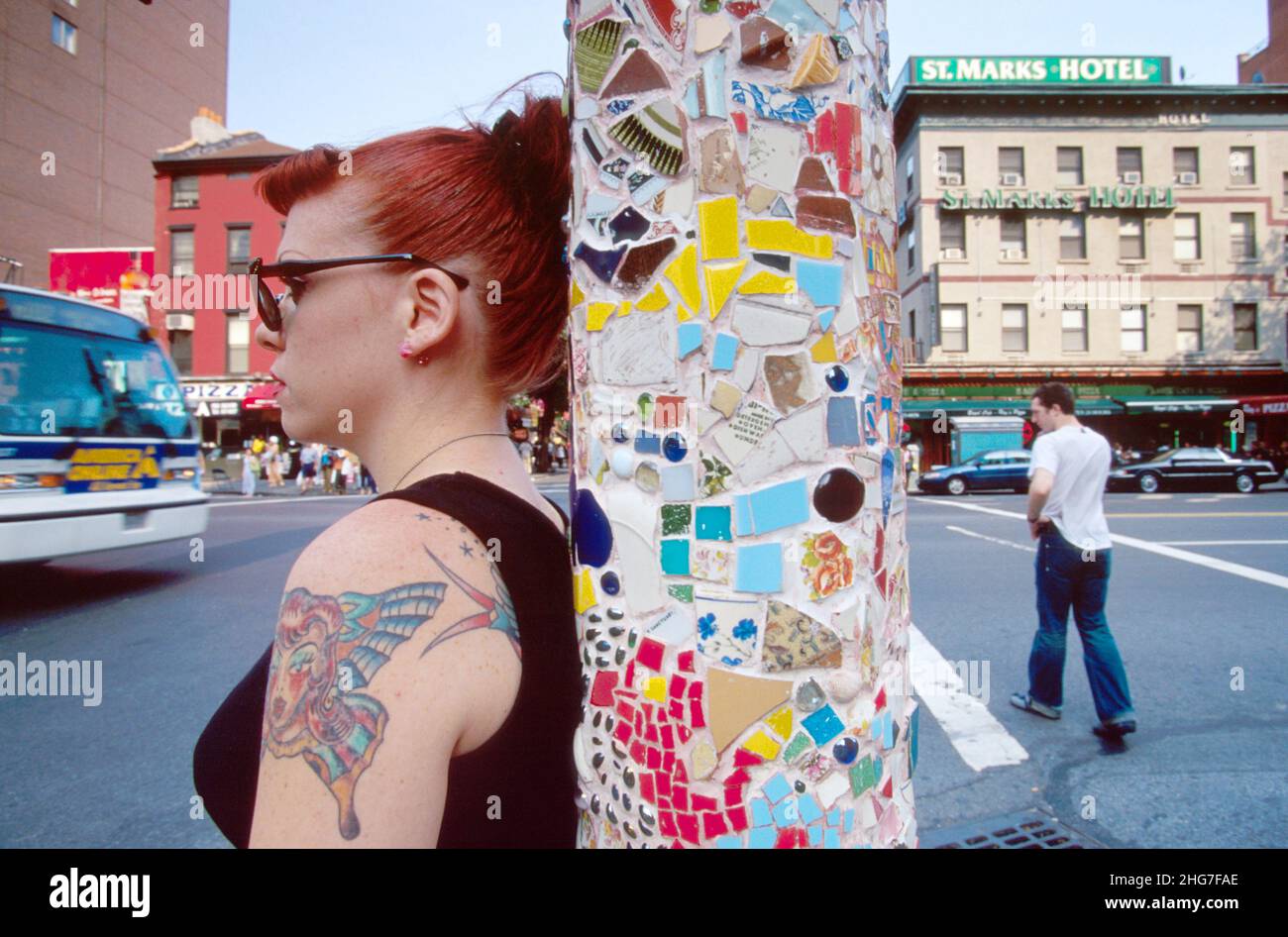 New York City,Manhattan,urban,metropolis,East Village 3rd Avenue St. Marks Place mosaic lamppost,lamp post,design,advertise,market,currency,money,noti Stock Photo