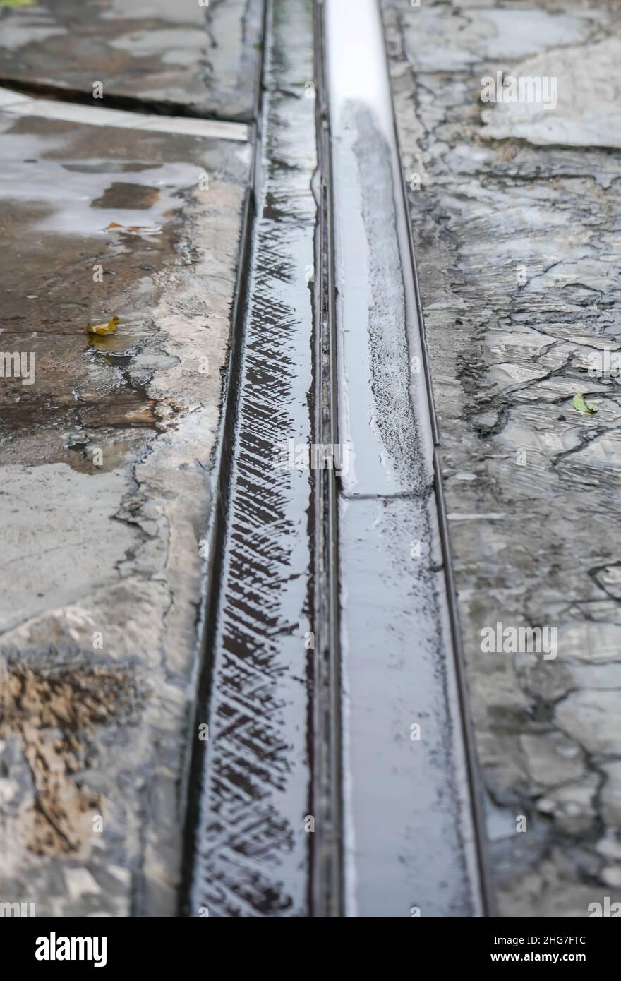 Small water channel in selective focus Stock Photo