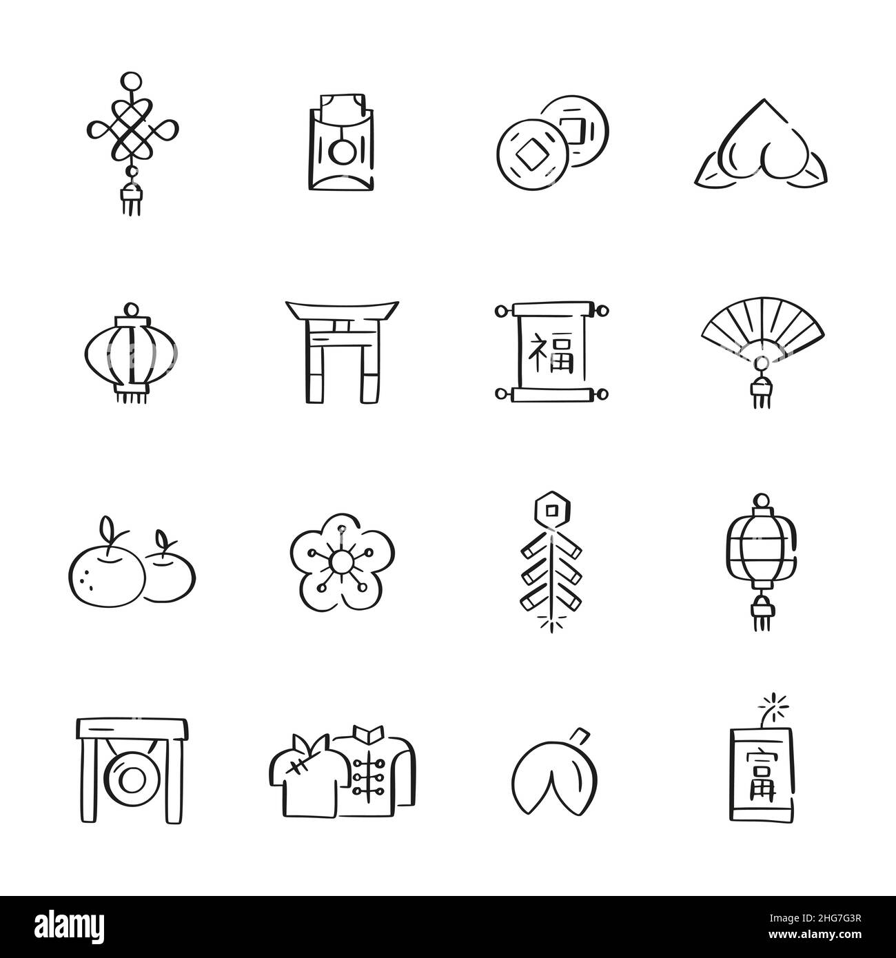 Chinese New Year doodle style icons set. Lunar spring celebrations ...