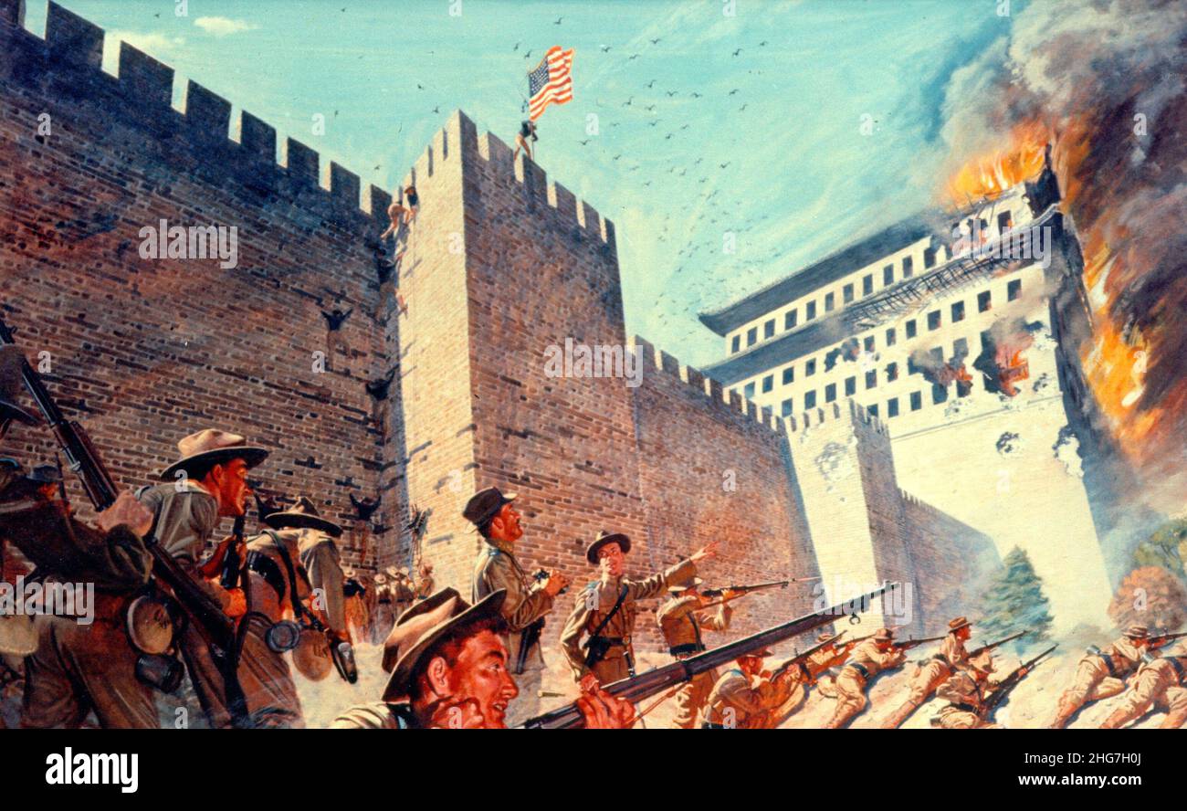 The Chinese being driven from Peking Castle during teh Boxer Rebellion by the American 14th infantry regiment Stock Photo