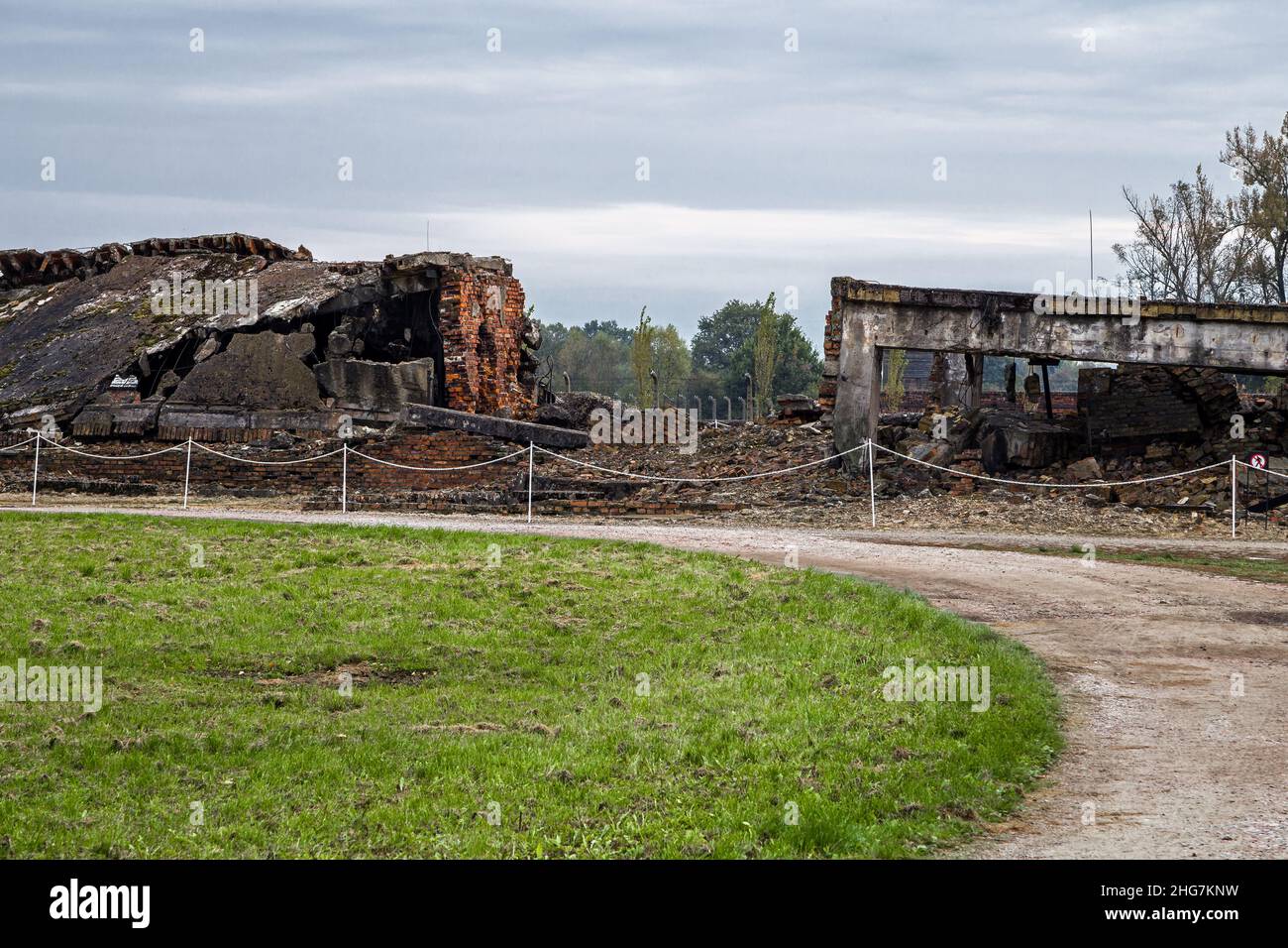 Destroyed execution gas chamber, Auschwitz Birkenau Concentration Camp Stock Photo