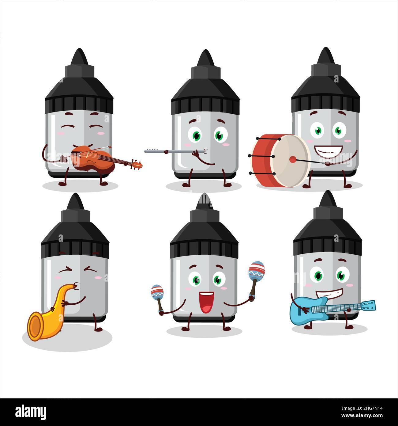Cartoon character of whiteboard marker playing some musical instruments