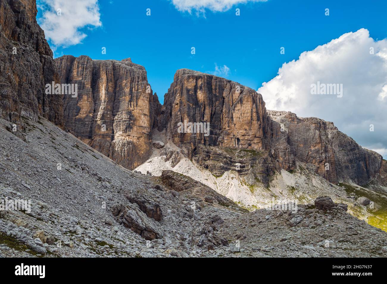 Sella Group dolomite panorama in trentino alps, Val di Fassa, Italy Stock Photo