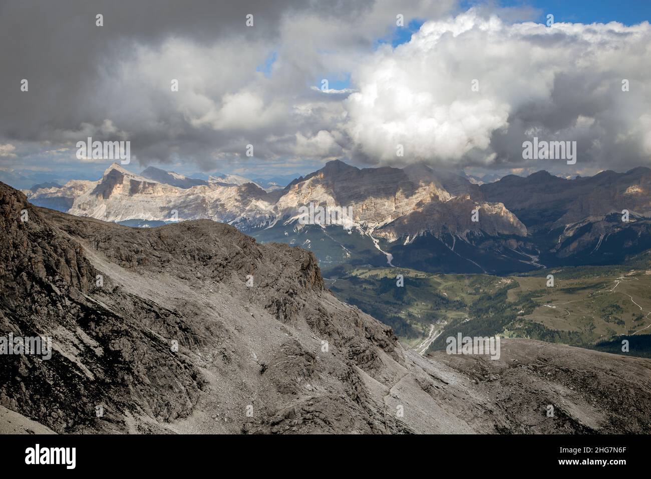 Panorama from Piz Boè in Sella Group alps dolomite, Trentino, Italy Stock Photo