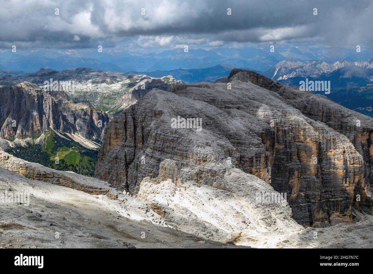 View from Piz Boè in Sella Group alps dolomite, Trentino, Italy Stock Photo