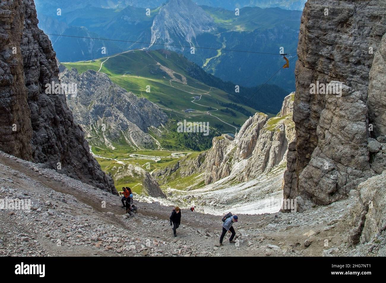Hikers in Focella Pordoi on Sella Group Dolomite, Italy, Trentino Stock Photo