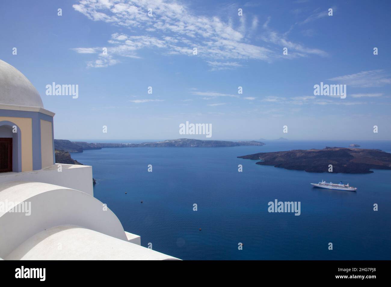 View from Church over Aegean Sea and Cruiseship Stock Photo