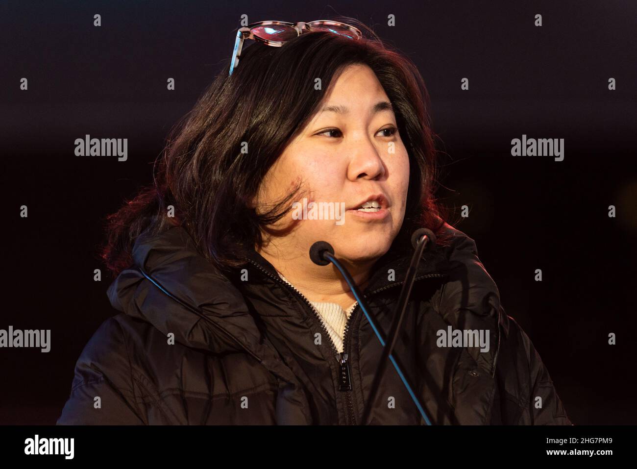 Congresswoman Grace Meng speaks at a candlelight vigil for Michelle